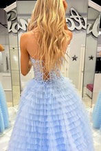 Load image into Gallery viewer, Trendy A Line Sweetheart Blue Corset Prom Dress with Appilques Ruffles
