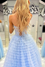 Load image into Gallery viewer, Trendy A Line Sweetheart Blue Corset Prom Dress with Appilques Ruffles