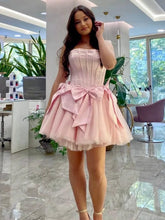 Load image into Gallery viewer, Princess A Line Strapless Pink Corset Homecoming Dress with Bowknot
