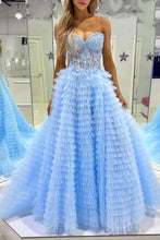 Load image into Gallery viewer, Trendy A Line Sweetheart Blue Corset Prom Dress with Appilques Ruffles
