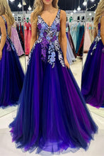 Load image into Gallery viewer, Gorgeous A Line V Neck Purple Tulle Long Prom Dress with Appliques