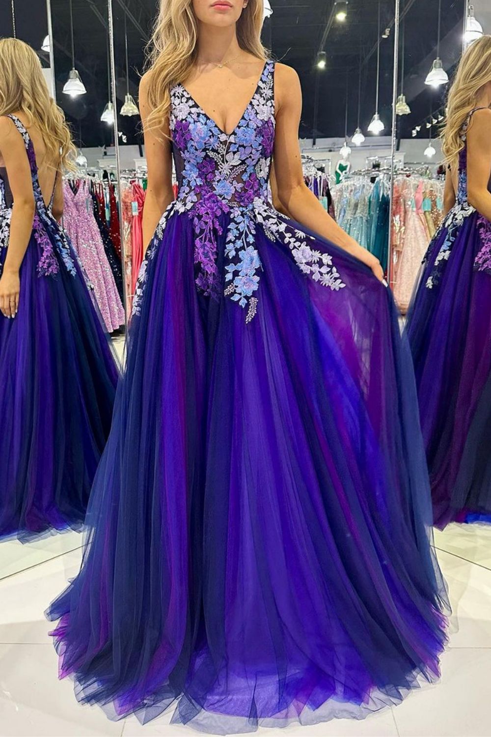 Luuvis Purple Tulle Long Prom Dress Gorgeous A Line V Neck Formal Dress with Appliques Luuvis Purple Tulle Long Prom Dress Gorgeous A Line V Neck Formal Dress with Appliques
