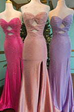 Load image into Gallery viewer, Cute Hot Pink Mermaid Strapless Long Beaded Prom Dress with Slit
