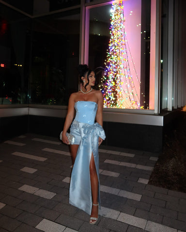 Princess Sheath Strapless Blue Short Party Dress with Bowknot