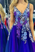 Load image into Gallery viewer, Gorgeous A Line V Neck Purple Tulle Long Prom Dress with Appliques