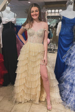 Load image into Gallery viewer, Elegant A Line Off the Shoulder Corset Light Champagne Corset Prom Dress with Lace Ruffles
