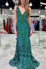Load image into Gallery viewer, Sparkly Mermaid V Neck Green Sequins Long Prom Dress