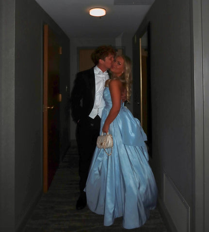 Trendy A Line Strapless Light Blue Long Prom Dress with Bowknot