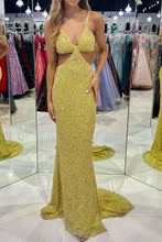 Load image into Gallery viewer, Stunning Mermaid Spaghetti Straps Golden Sequins Long Prom Dress with Open Back
