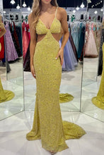 Load image into Gallery viewer, Stunning Mermaid Spaghetti Straps Golden Sequins Long Prom Dress with Open Back