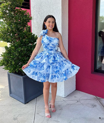 Gorgeous A Line One Shoulder Blue Printed Short Homecoming Dress with 3D Flowers