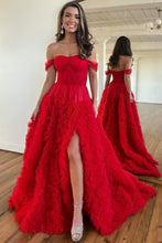 Load image into Gallery viewer, Stunning Princess A-Line Off The Shoulder Long Ruffle Tulle Prom Dress With Split