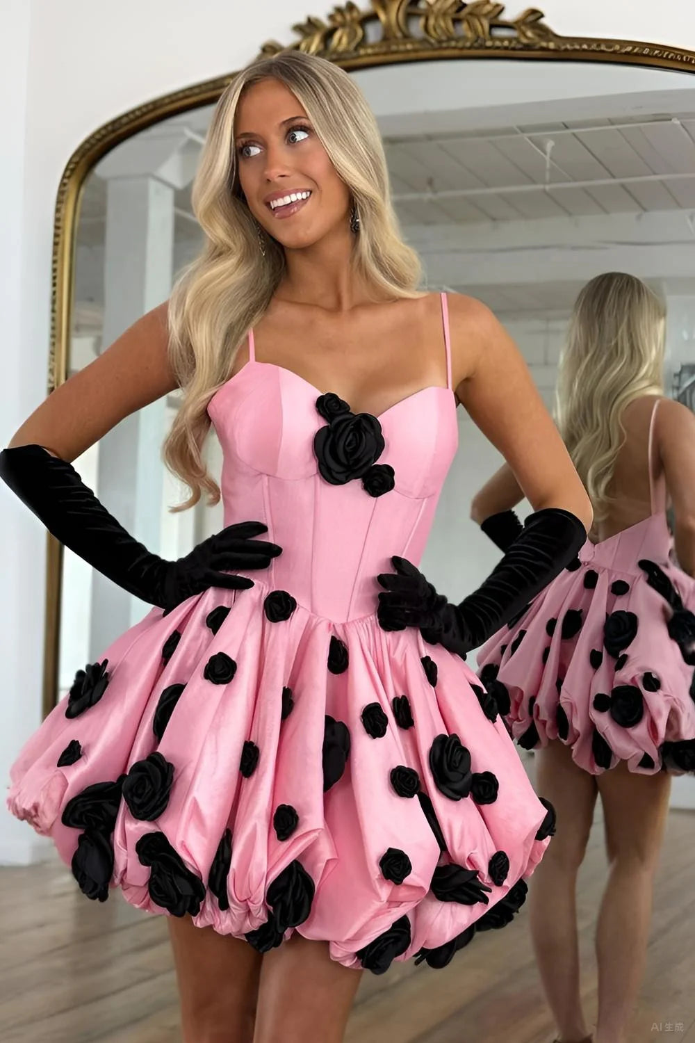 Sweety A Line Spaghetti Straps Pink Short Homecoming Dress with 3D Flowers