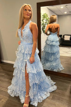 Load image into Gallery viewer, Sparkly Light Blue A-Line Halter Backless Long Tiered Prom Dress With Slit
