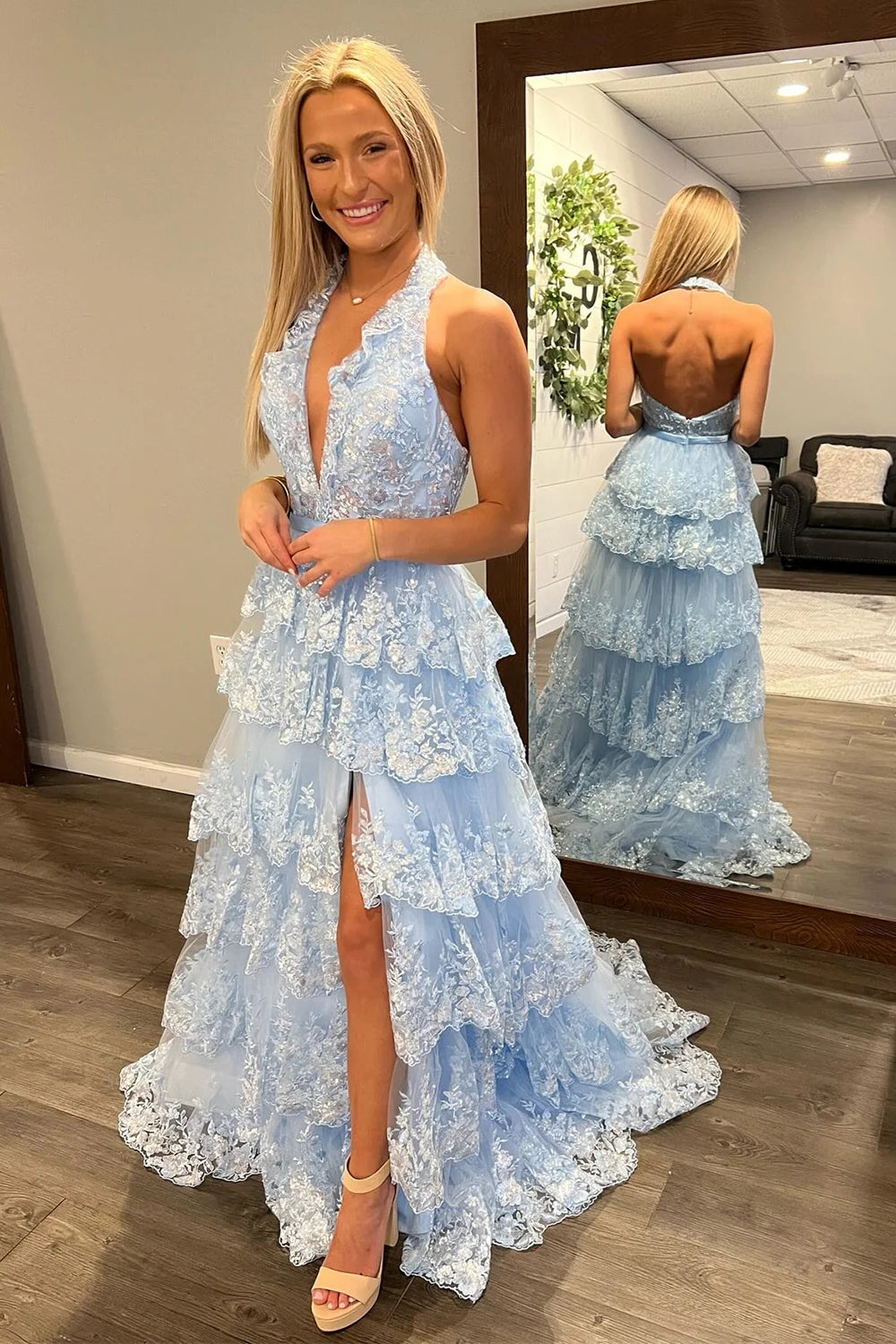 Luuvis Sparkly Light Blue A-Line Halter Backless Long Tiered Prom Dress With Slit Luuvis Sparkly Light Blue A-Line Halter Backless Long Tiered Prom Dress With Slit