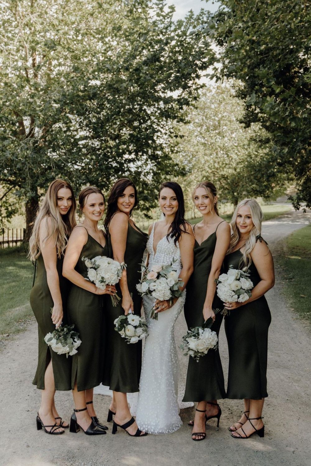 Simple A Line Spaghetti Straps Dark Green Tea Length Bridesmaid Dress with Slit