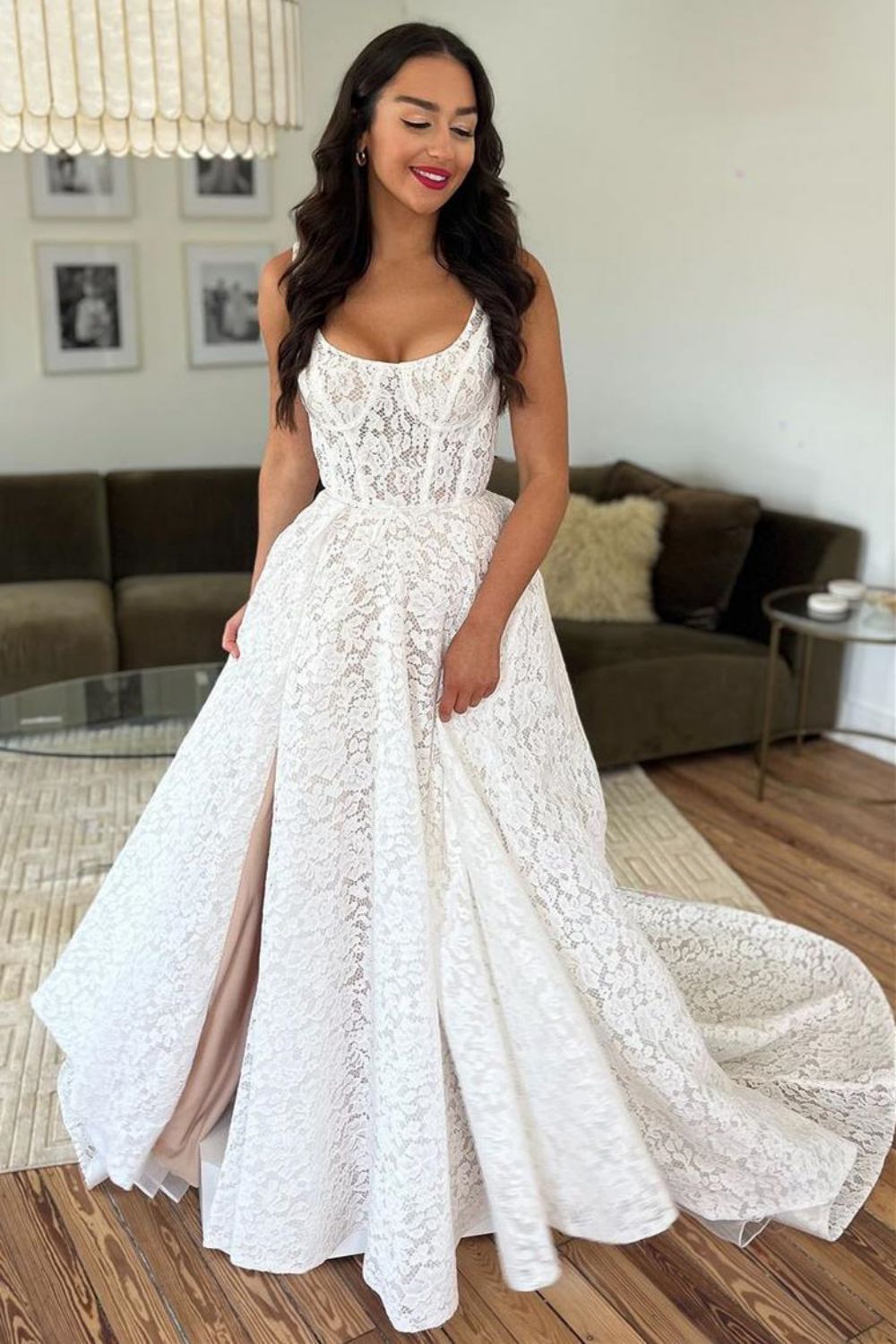 Luxurious A Line Round Neck White Lace Long Wedding Dress with Split Front