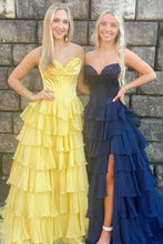 Load image into Gallery viewer, Lovely Yellow A-Line Sweetheart Long Tiered Prom Dress with Slit
