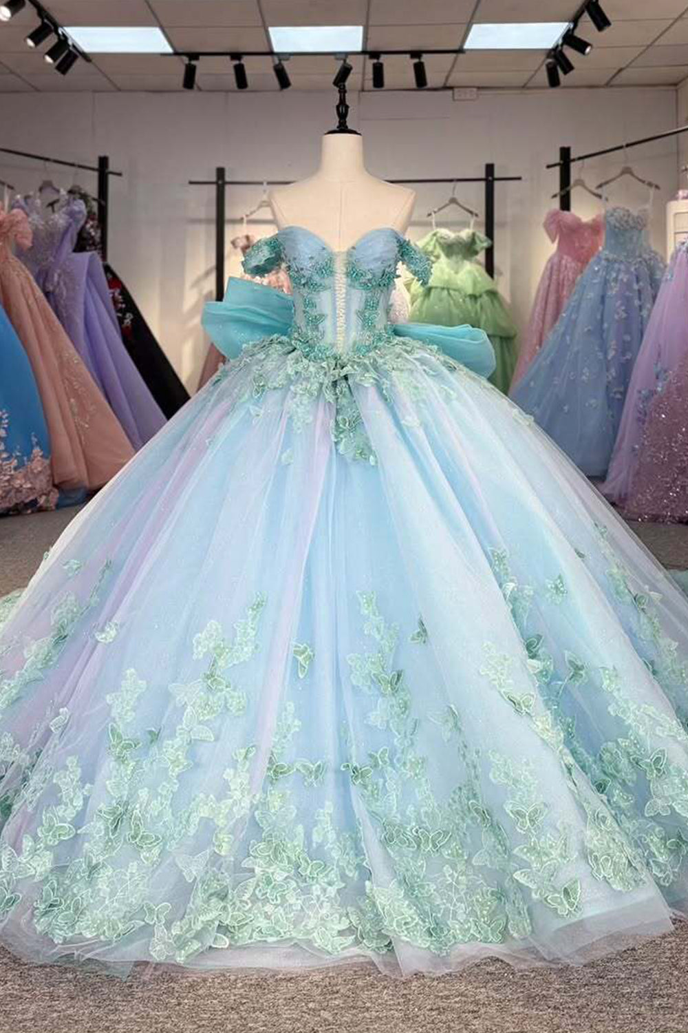 Charming A Line Off the Shoulder Light Blue Quinceanera Dress with Appliques Bowknot