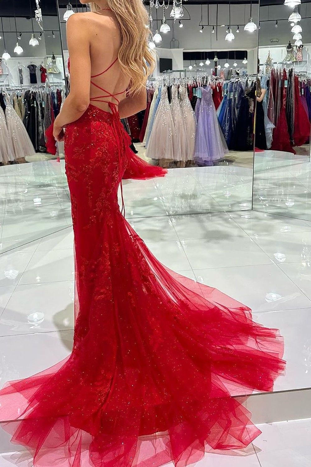 red prom dress spaghetti strap Elegant Long Red Spaghetti Straps Sequins Lace Sleeveless Prom Dresses Long Slit Online