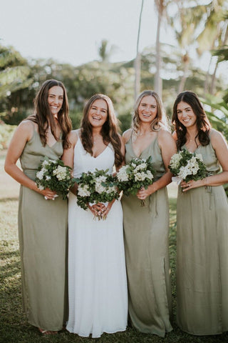 A Line Spaghetti Straps Green Long Bridesmaid Dress with Slit