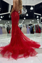 Load image into Gallery viewer, Hot Mermaid Spaghetti Straps Red Long Prom Dress with Criss Cross Back
