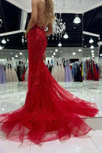 Load image into Gallery viewer, Hot Mermaid Spaghetti Straps Red Long Prom Dress with Criss Cross Back