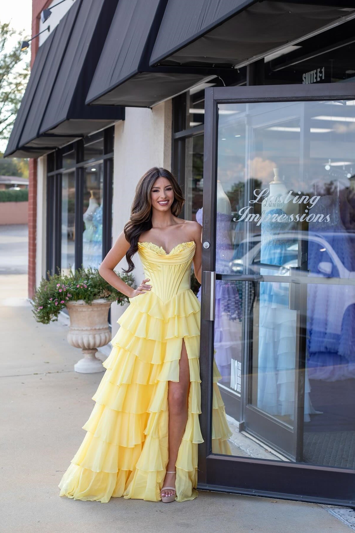 Cute A Line Sweetheart Yellow Ruffle Chiffon Long Prom Dress with Slit main image 1