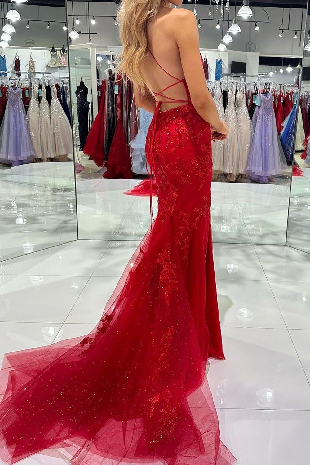 Luuvis Red Long Prom Dress Hot Mermaid Spaghetti Straps Formal Dress with Criss Cross Back Luuvis Red Long Prom Dress Hot Mermaid Spaghetti Straps Formal Dress with Criss Cross Back