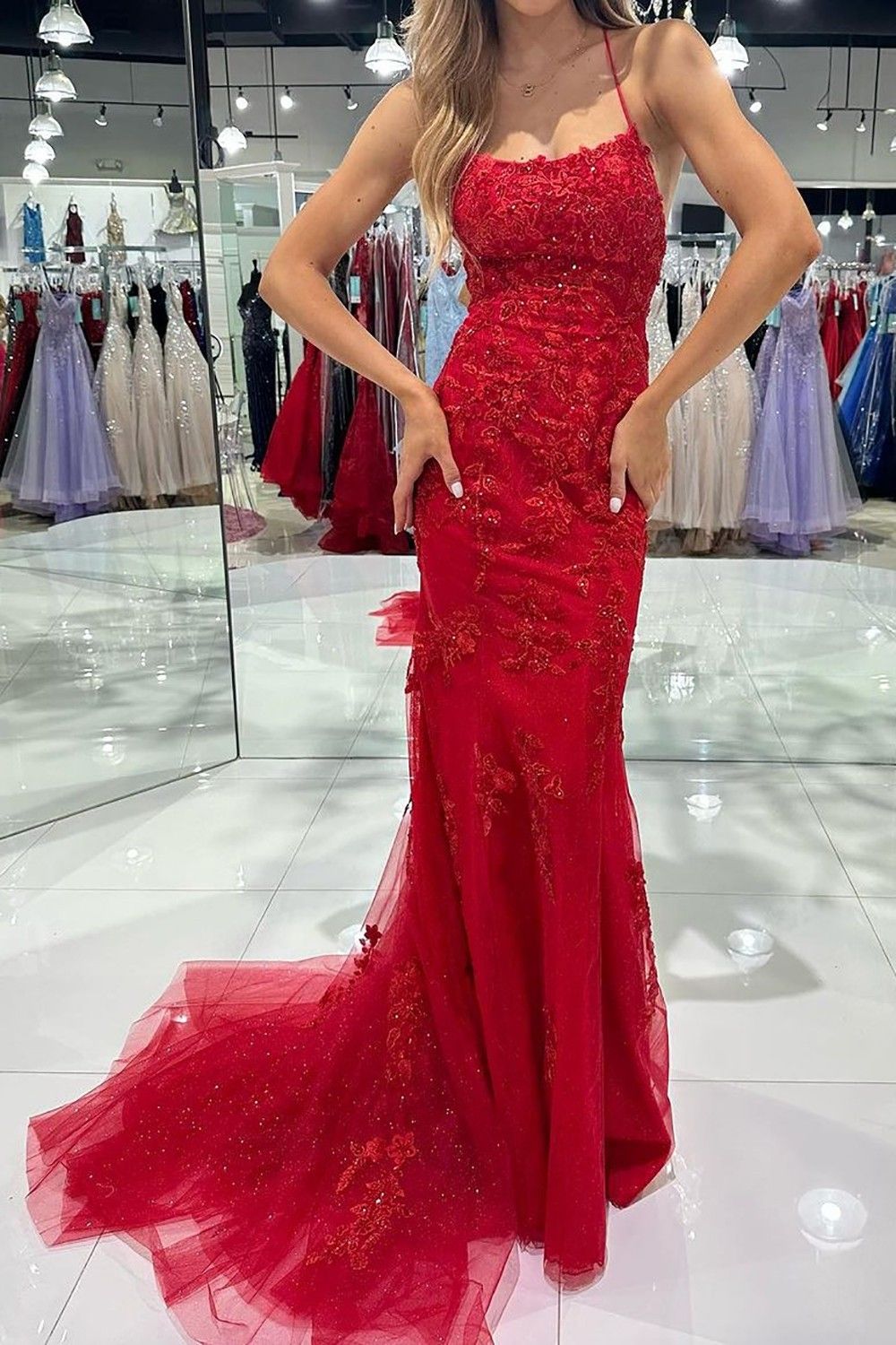 Luuvis Red Long Prom Dress Hot Mermaid Spaghetti Straps Formal Dress with  Criss Cross Back