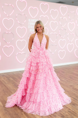 Charming A Line Halter Neck Pink Printed Long Prom Dress with Open Back