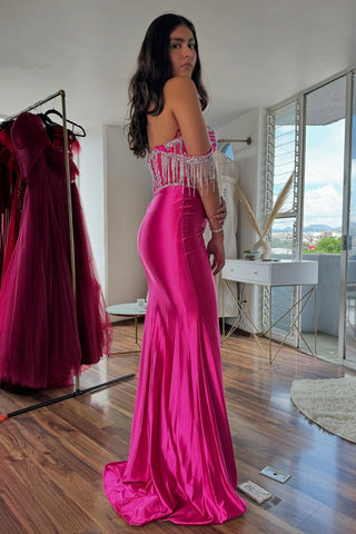 Beautiful Mermaid Off the Shoulder Fuchsia Long Party Dress with Beading