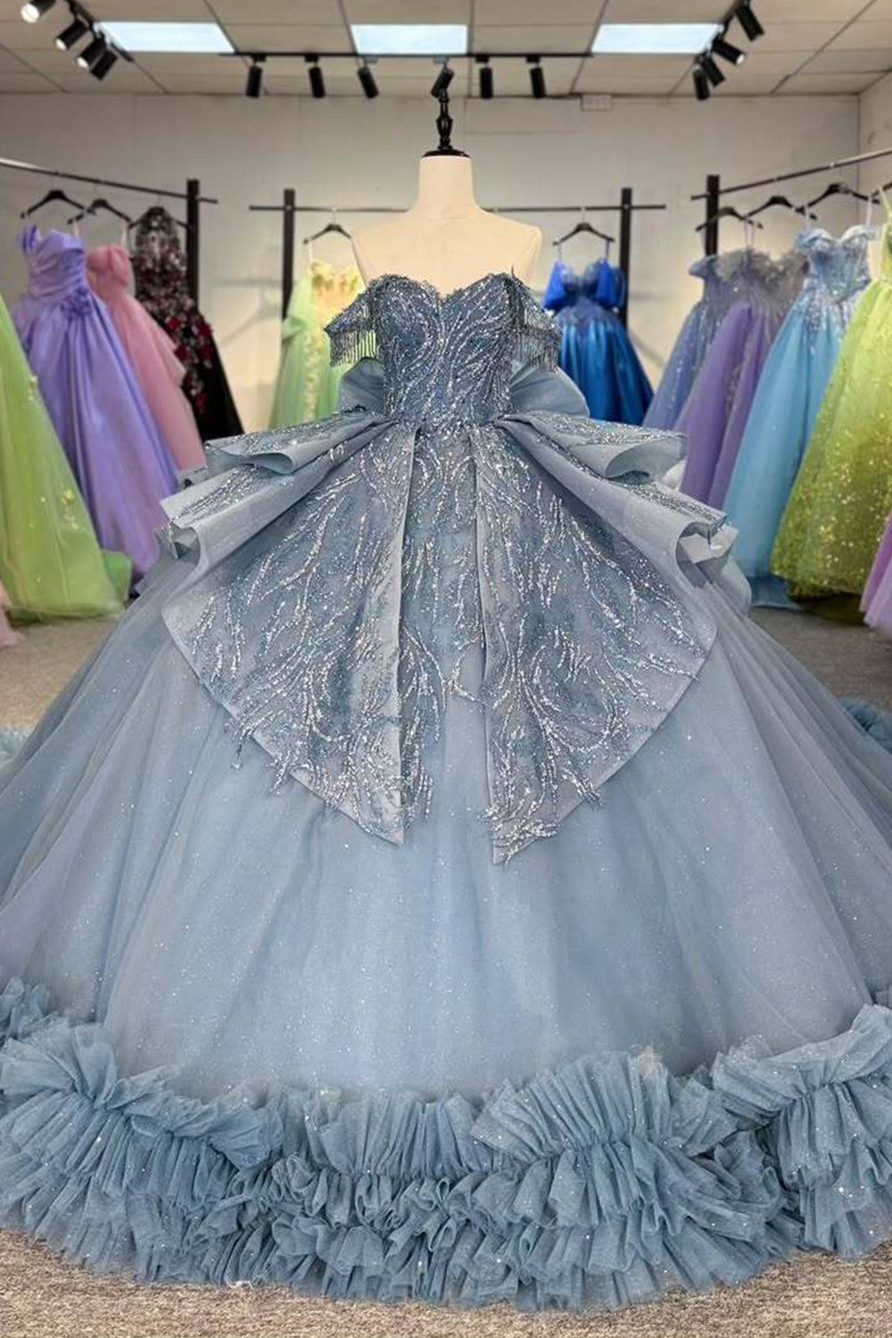Luuvis Women Grey Blue Ball Gown Quinceanera Dress Beautiful A Line Off the Shoulder Formal Dress with Beading Bowknot