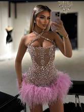 Load image into Gallery viewer, Luxurious Sheath Halter Neck Pink Short Homecoming Dress with Beading Feather
