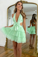 Load image into Gallery viewer, Pretty A Line Halter Neck Light Blue Short Homecoming Dress with Pearls Bowknot