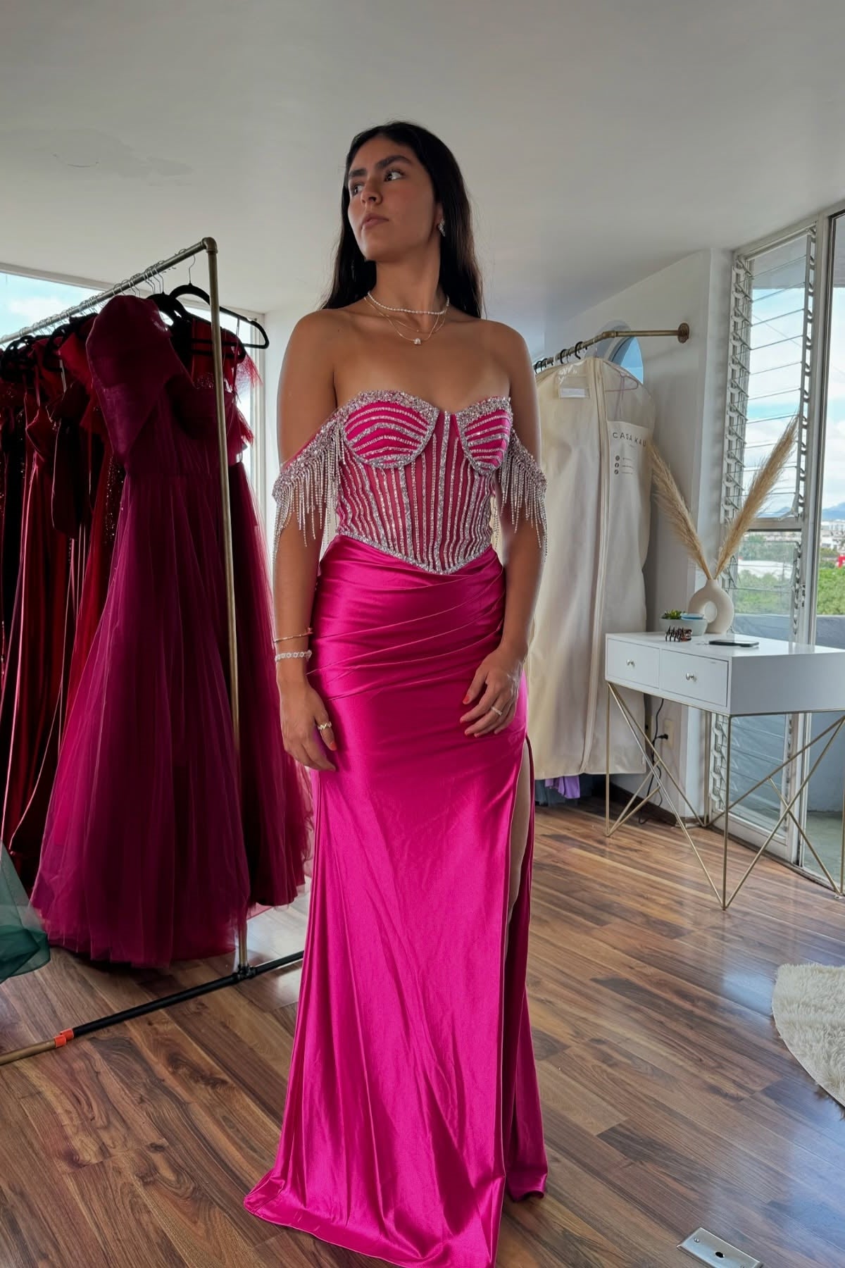 Beautiful Mermaid Off the Shoulder Fuchsia Long Party Dress with Beading