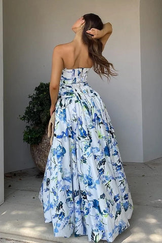Princess A Line Strapless Blue Printed High-Low Party Dress with Ruffles