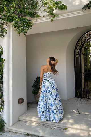 Princess A Line Strapless Blue Printed High-Low Party Dress with Ruffles
