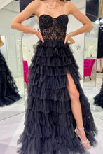 Load image into Gallery viewer, Stylish A Line Sweeteart Black Corset Prom Dress with Ruffles
