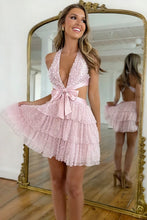 Load image into Gallery viewer, Pretty A Line Halter Neck Light Blue Short Homecoming Dress with Pearls Bowknot
