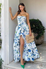 Load image into Gallery viewer, Princess A Line Strapless Blue Printed High-Low Party Dress with Ruffles
