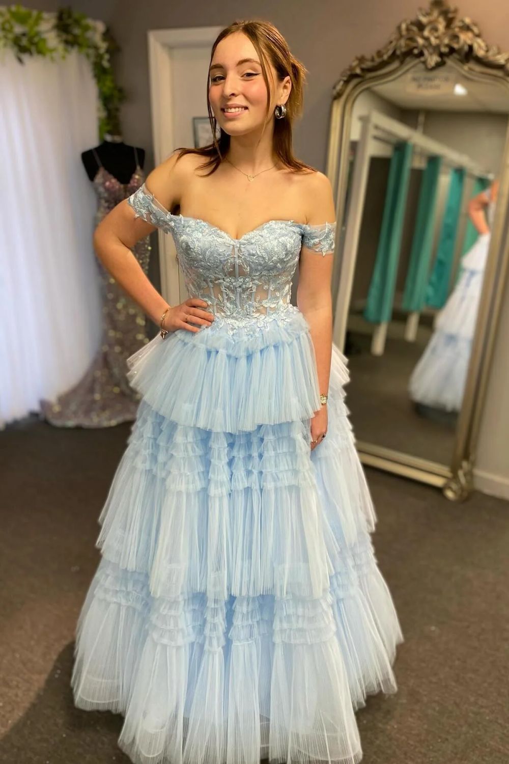 Luuvis Women Stunning A Line Off the Shoulder Light Blue Corset Prom