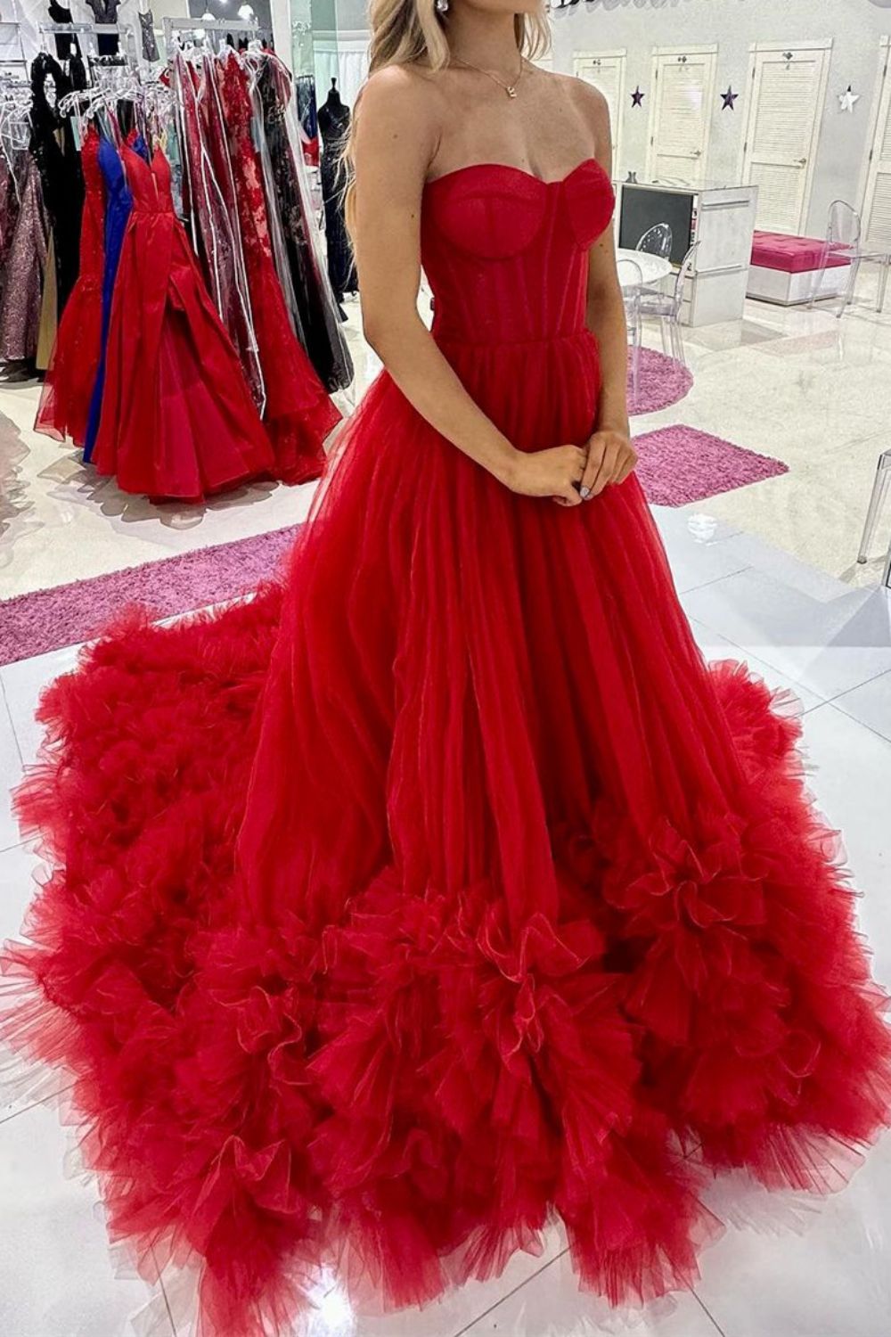 Luuvis Red Corset Prom Dress Charming A Line Sweetheart Party Dress
