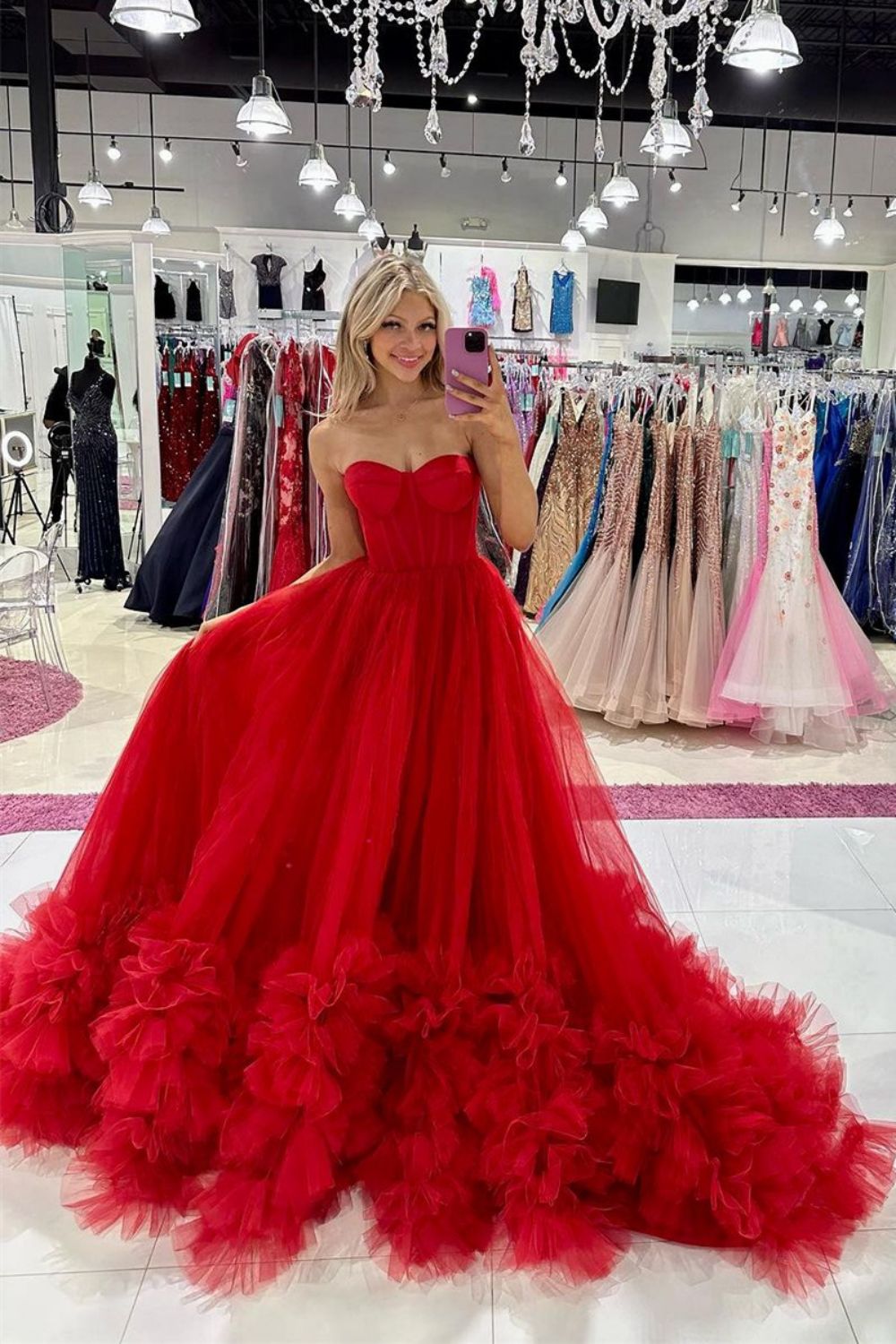 Luuvis Red Corset Prom Dress Charming A Line Sweetheart Party Dress