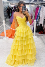 Load image into Gallery viewer, Lovely Yellow A-Line Sweetheart Long Tiered Prom Dress with Slit
