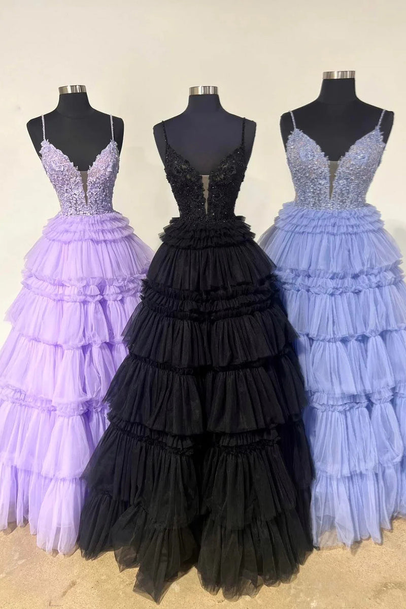 Tulle Spaghetti Strap V-Neck Tiered Long Prom Dresses with Lace Applique