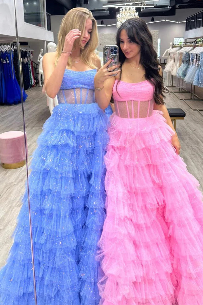 Luuvis Sweet A-Line Strapless Long Tiered Glitter Tulle Prom Dress
