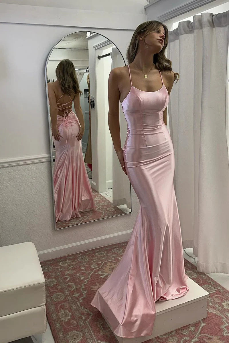 Stylish Mermaid Spaghetti Straps Pink Long Prom Dress with Criss Cross Back