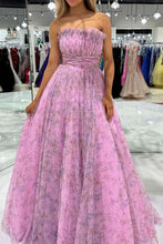 Load image into Gallery viewer, Gorgeous A Line Strapless Pink Floral Printed Long Prom Dress with Ruffles
