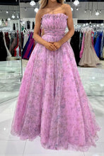 Load image into Gallery viewer, Gorgeous A Line Strapless Pink Floral Printed Long Prom Dress with Ruffles

